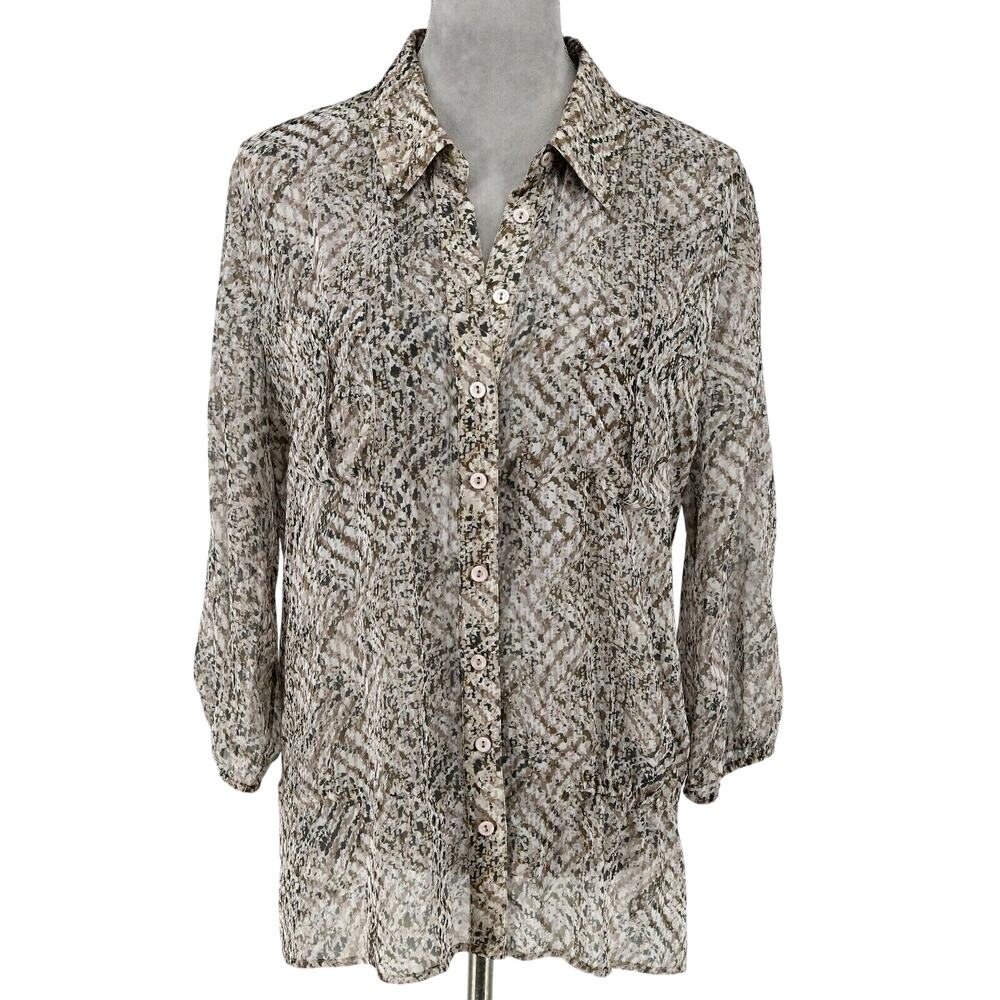 Chicos Top 2 Womens Large 12 Ivory Brown Sheer Chiffon Blouse Pleated Back